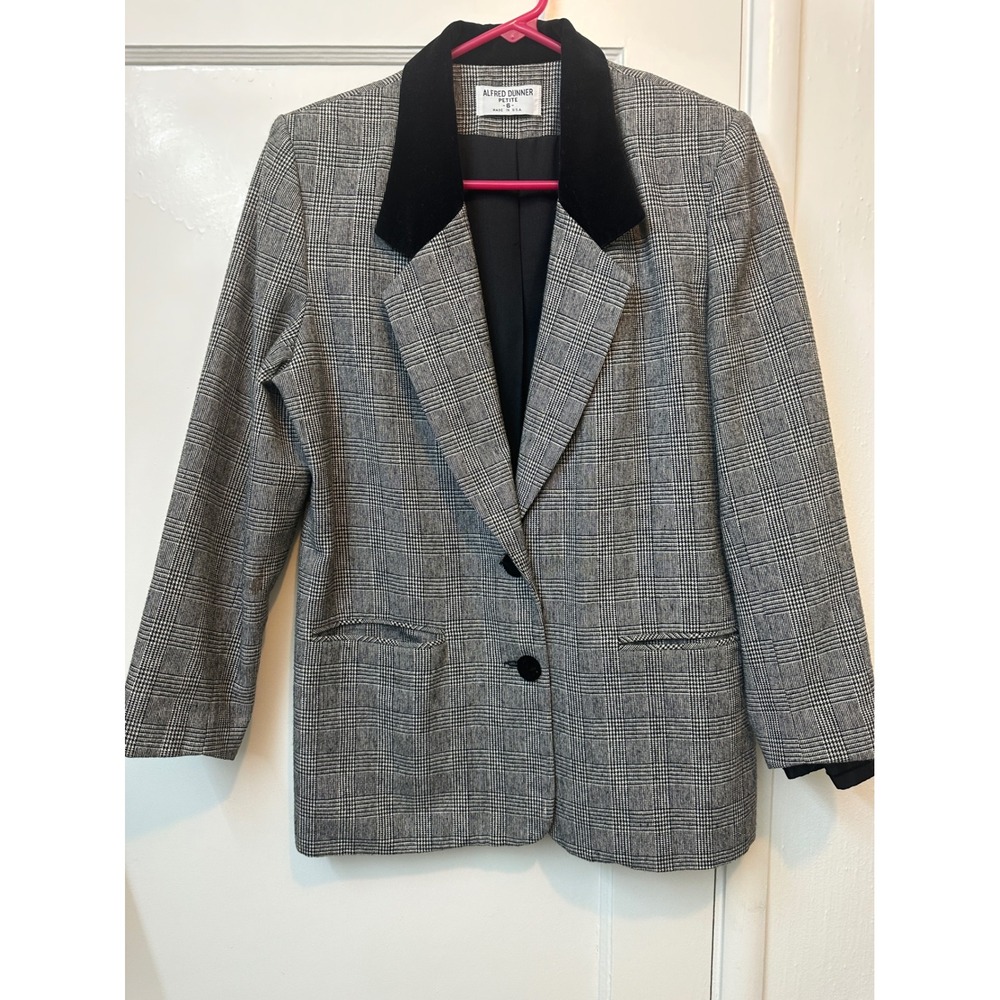 Alfred Dunner Vintage Plaid Blazer Velvet Collar Grey Black Wool Blend Petite 6